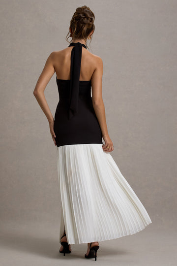 Khai Black & White Halter-Neck Maxi Dress With Plisse Skirt